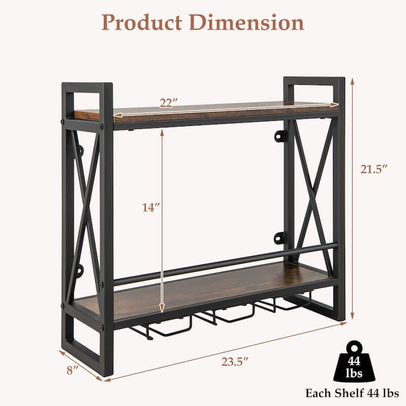 Industrial Wall Mounted Wine Rack with 3 Stem Glass Holders