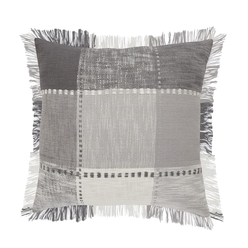 Sevita Monochrome Patchwork Plaid Throw Pillow with Fringe