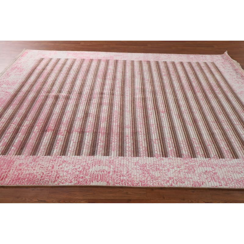 Striped Pink Abstract Area Rug Hand-Knotted Modern Wool Carpet - 6'6"x 9'0"