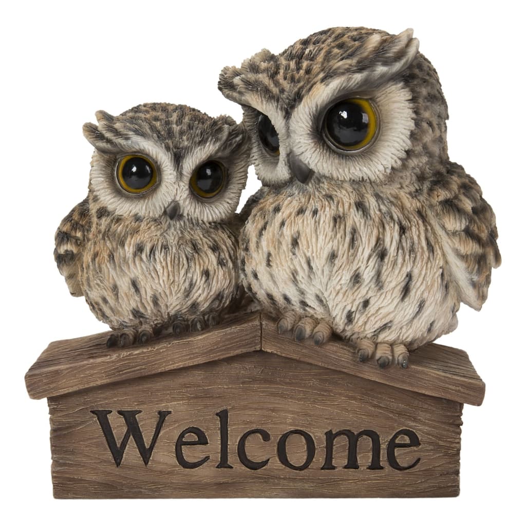 6.25" Brown Mother & Baby Owl with Welcome Sign Outdoor Garden Statue
