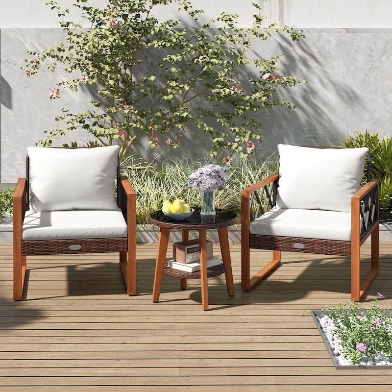 Costway 3 PCS Patio PE Wicker Furniture Set with Solid Acacia Wood - See Details