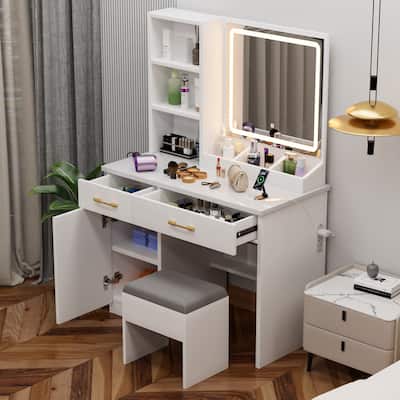 Makeup Vanity Desk with Mirror and Lights, Vanity Table with Power Outlet and 3 Lighting Modes, Dressing Table Set with Stool