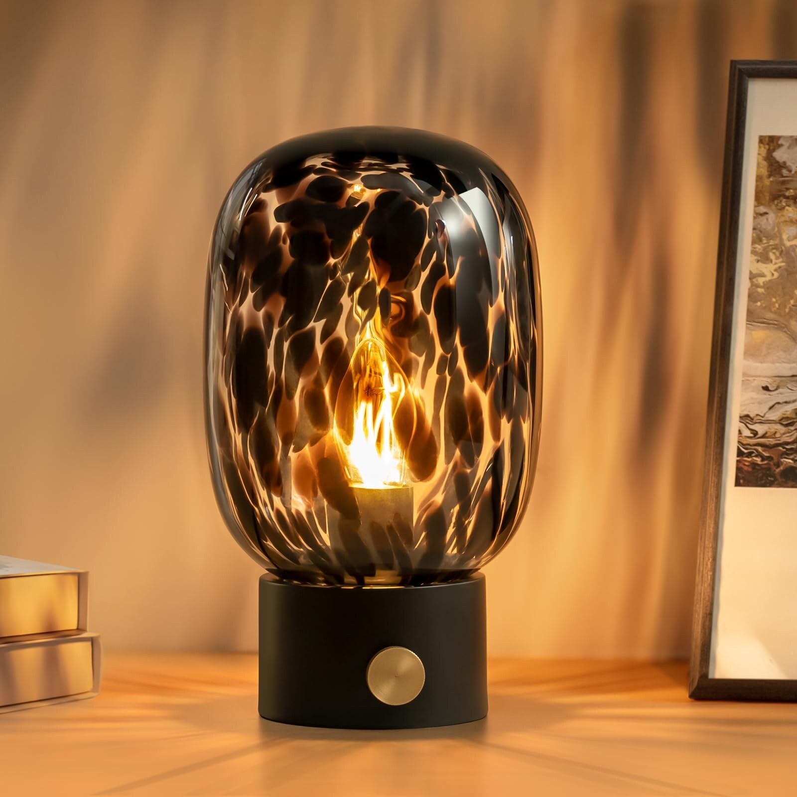Nightstand Table Lamp Small Vintage Desk Lamp with Bulb Bedside Lamp Translucent Glass Stepless Dimmable Black