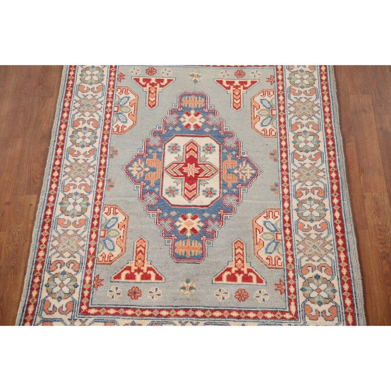 Geometric Kazak Oriental Accent Rug Hand-Knotted Blue Wool Carpet - 3'5"x 4'10"