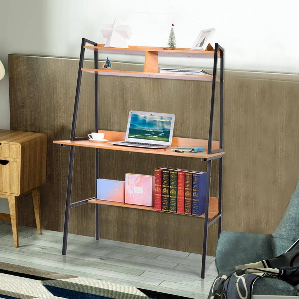 Study Laptop PC Table 39 Inch Computer Desk Upper Lower Storage Shelves Bookshelf Space Saving Work Gaming Brown