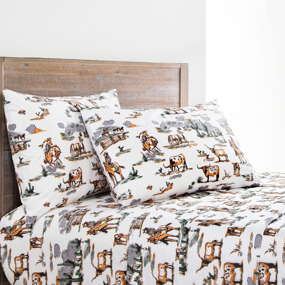 Paseo Road Ranch Life 200TC Cotton Western Rustic Cowboy Animal Toile 4 Piece Sheet Set