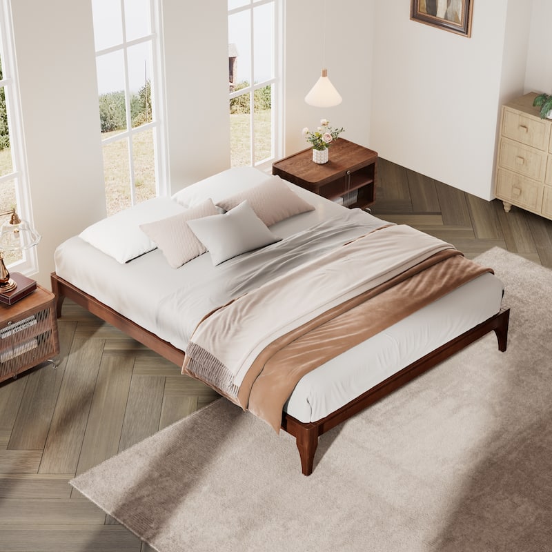 Modern Bamboo Platform Bed Frame Wood Slat Support Low Profile Bed with Under Bed Storage and Center Support Legs