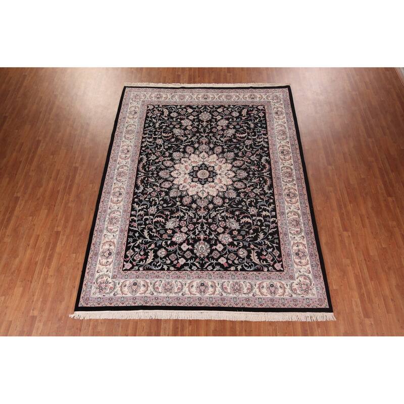 Black Floral Kashan Indian Area Rug Handmade Wool Carpet - 9'2"x 11'10"