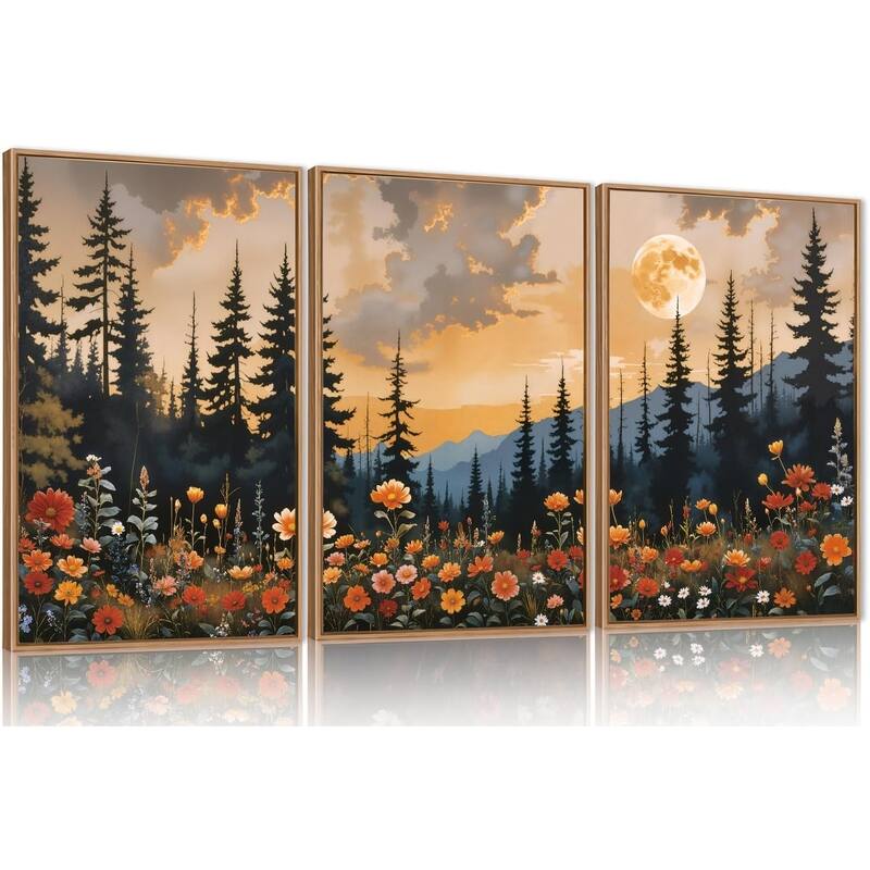 Wildflower Forest Framed Canvas Wall Art Set, Nature Moon Pine Tree - 16 x 24