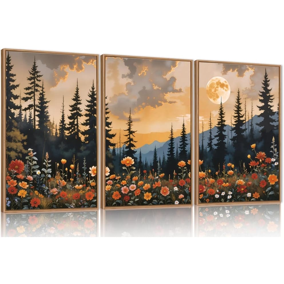Wildflower Forest Framed Canvas Wall Art Set, Nature Moon Pine Tree