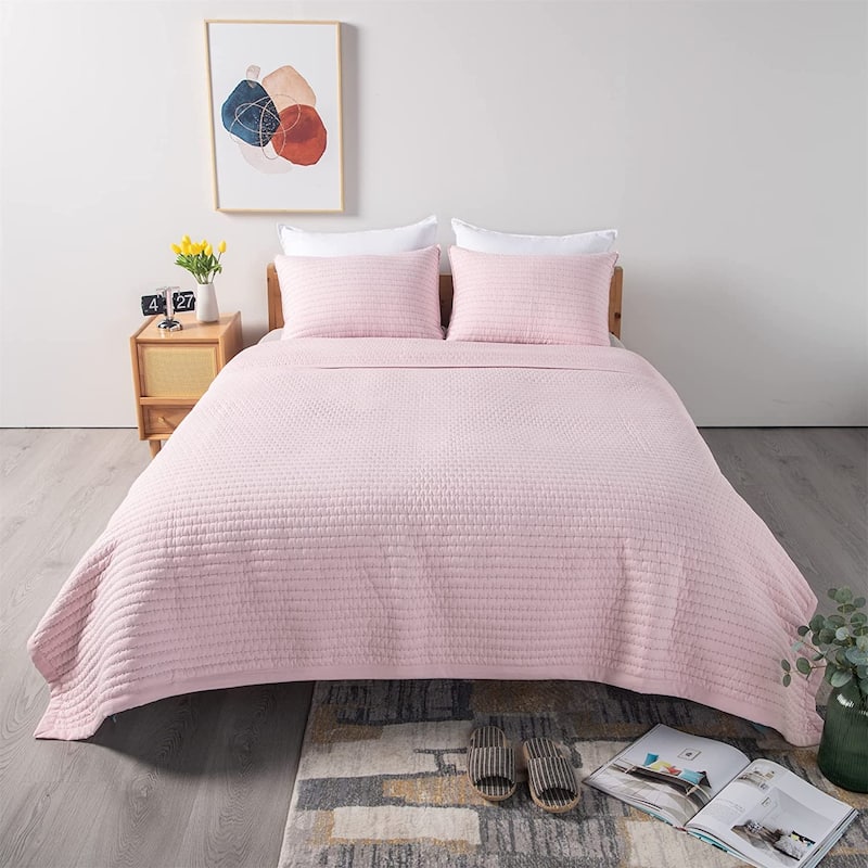 KASENTEX Quilt Set Soft Bedspread - Light Weight, Stone Washed, Down Alternative Fill, Machine Washable - Pink - Queen