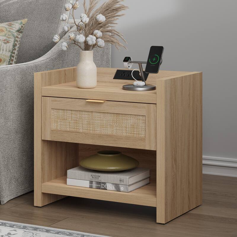 Farmhouse Nightstand with Charging Station and Drawers