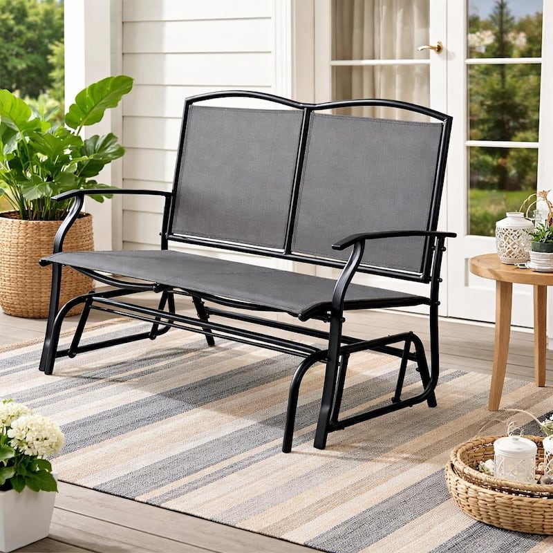 Kaycey 2-Person Black Metal Outdoor Loveseat Glider with Mix Grey Sling - N/A