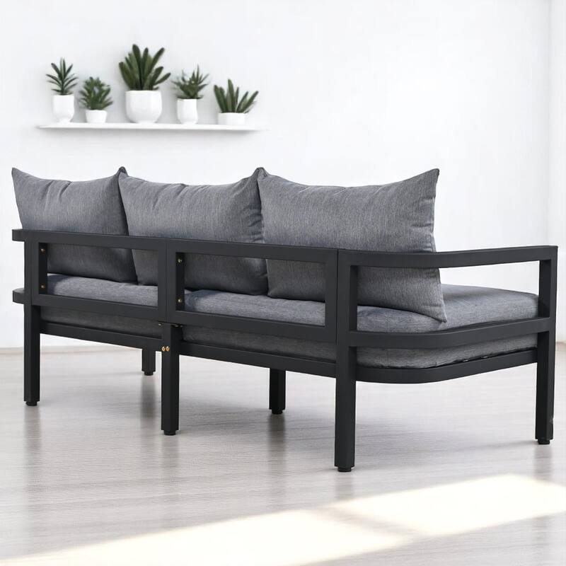 4-Piece Outdoor Patio Furniture Set with Acacia Wood Coffee Table, Steel Frame Sofa Set with Cushions, Curved Backrest