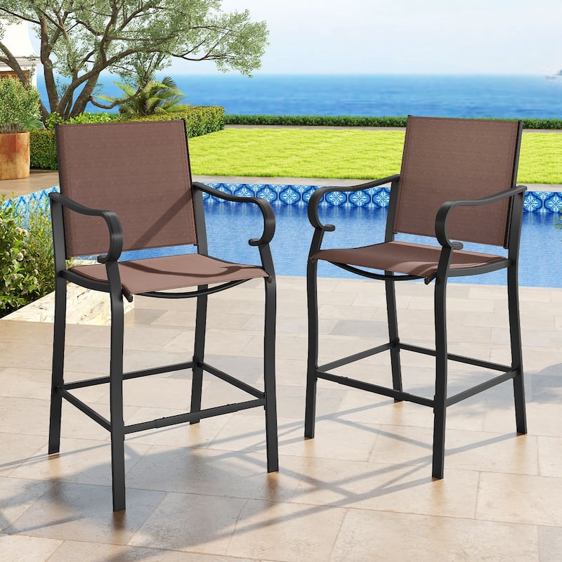 Brown and Black Fabric Metal Patio Bar Counter Height Stools Set of 2 with Ergonomic Design and Footrests - 24.5" x 23" x 44.5"