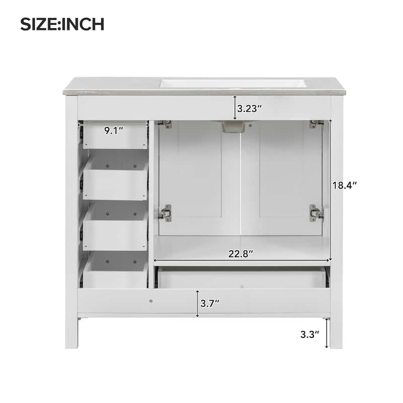Bathroom Vanity with Ceramic Sink, Abundant Storage Cabinet with 2 Soft Close Doors and 5 Drawers and Delicate Silver Handles