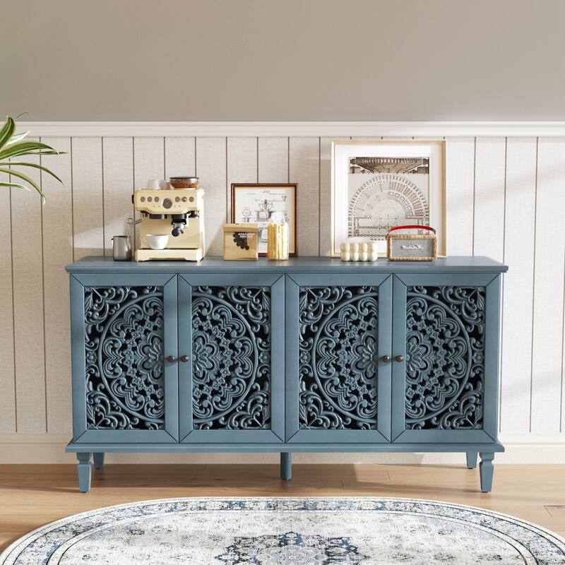 Buffet Cabinet with Floral Carvings with Solid Wood Legs&Antique Brass Handles&Adjustable Shelves, - Blue