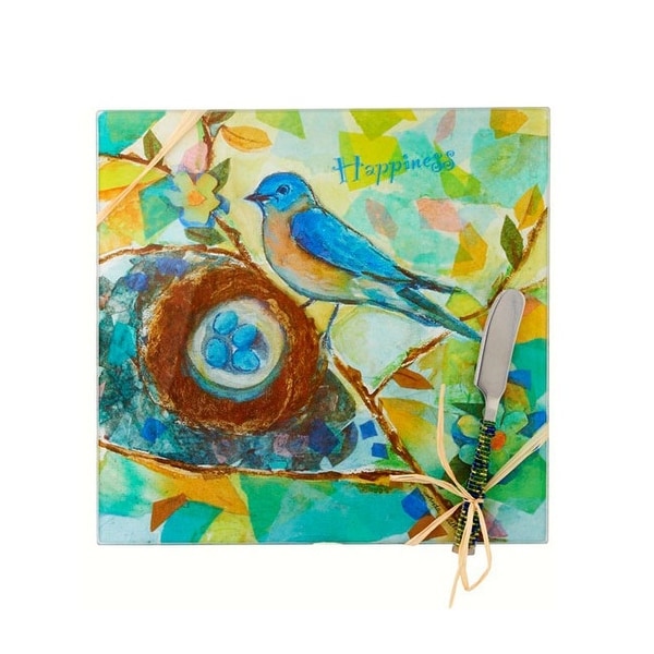 9" Blue and Brown Bird Happiness Square Cheese Board - N/A