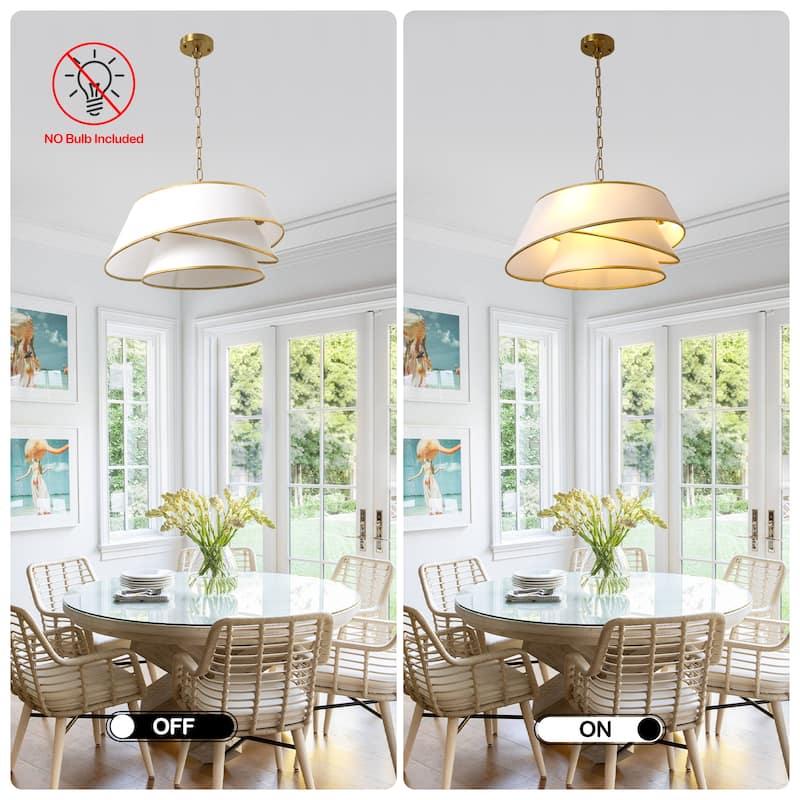 Cusp Barn 24 Inch 4-Light Drum Chandelier, Fabric Linen Shade Ceiling Light Fixture, Gold Tri-layer Kitchen Island Pendant Light