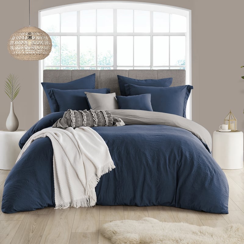 Swift Home Extra Soft Reversible Crinkle Microfiber Duvet Cover Set (Comforter Not Included) - Navy - Twin