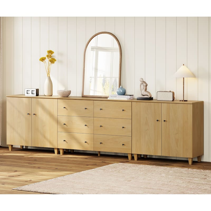 Wood Dresser with 6 Drawers and 2 Cabinets for Bedroom, 118" Wide