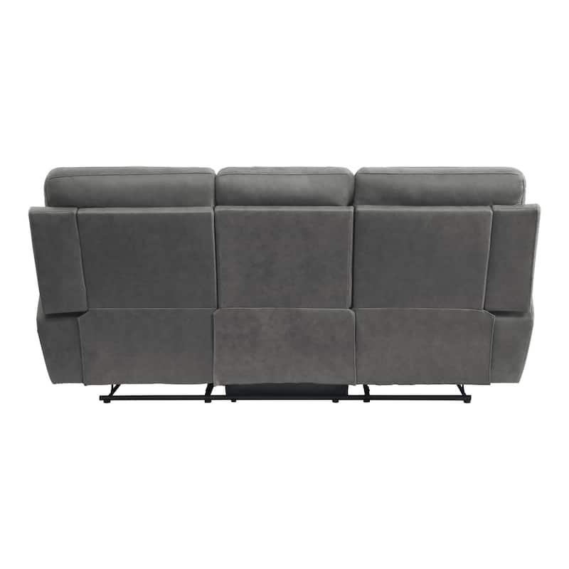 Cliff 84 Inch Manual Reclining Sofa, Gray Microfiber, Solid Wood, Metal