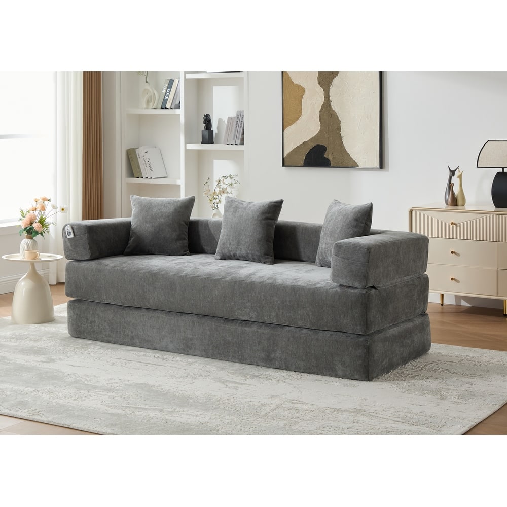 HOMEFUN Chenille Upholstered Convertible Foldable Memory Foam Sleeper Sofa with Pillows for Living Room