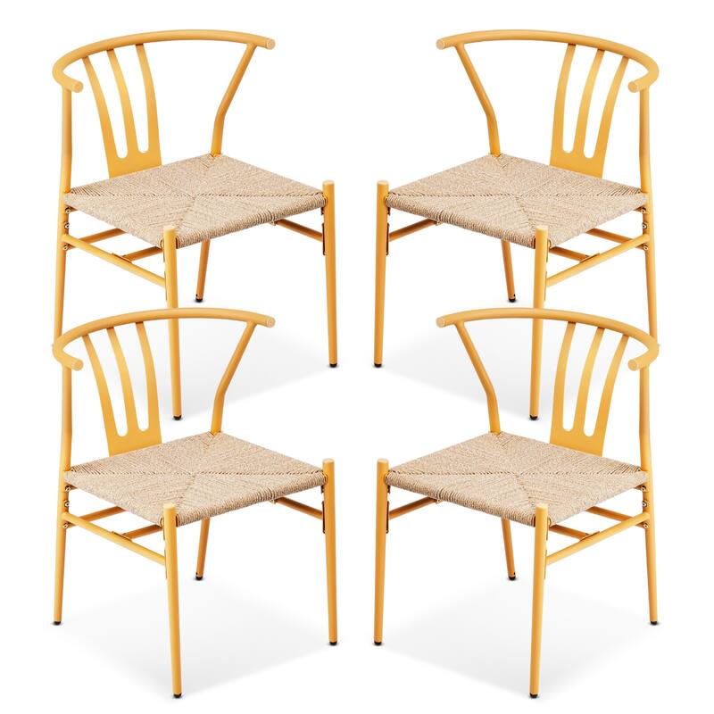 Set of 4 Hand-Woven Rope Dining Chairs with Metal Frame and Curved Back Ergonomic Design - 23” x 18.3” x 31.5” - Wood-Color