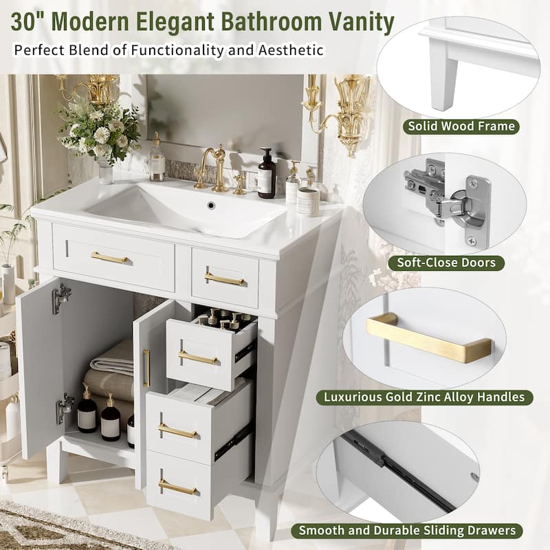 30" Bathroom Vanity with Ceramic Sink, Modern Storage Cabinet with Soft-Close Doors, Deep Drawer & Standard Drawer