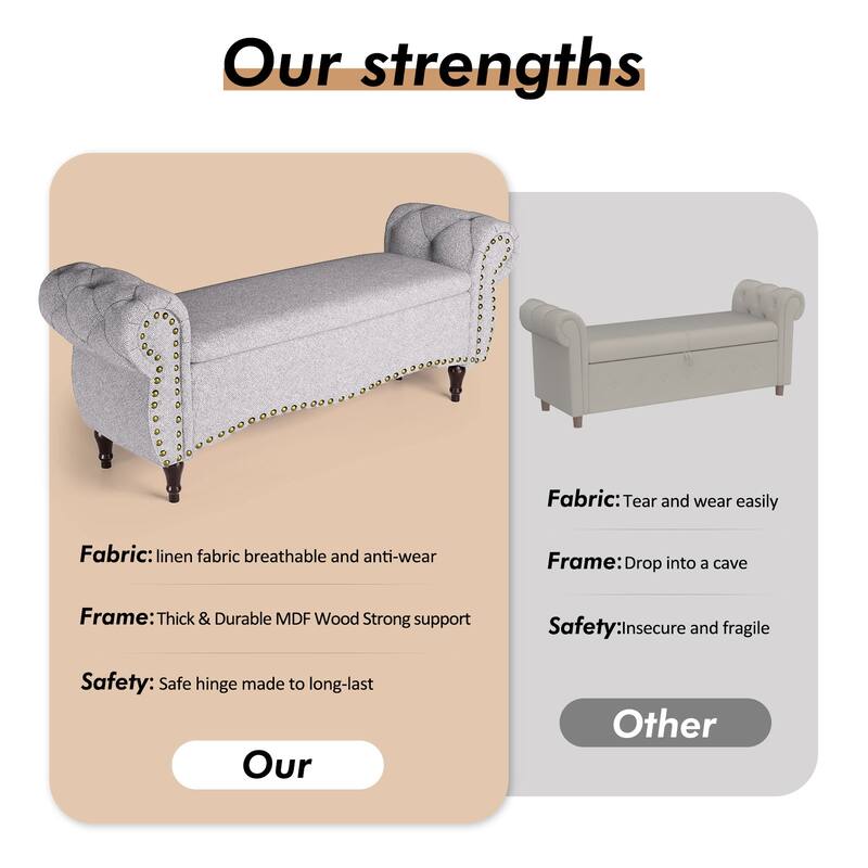 53" Tufted Storage Ottoman Bench with Rolled Arms and Nailhead Trim for Bedroom, Living Room, Entryway
