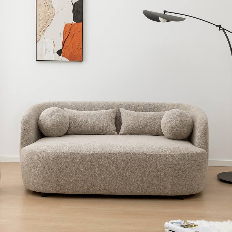 KINWELL Boucle Upholstered 2-Seats Loveseat with Pillows - Taupe