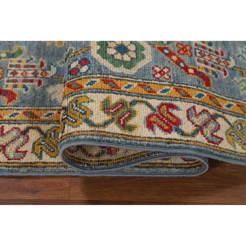 Light Blue Geometric Kazak Runner Rug Hand-Knotted Wool Carpet - 2'8" x 9'6"