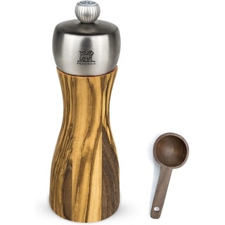 Peugeot Bali Black Cast-Iron Pepper Mill & Salt Cellar With Wooden Tray Gift Boxed With Wooden Spice Scoop