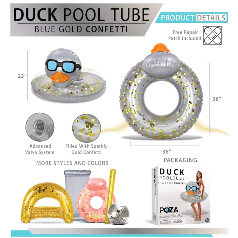 POZA Inflatable Duck Pool Float Tube for Kids and Adults - Silver - 36 inches