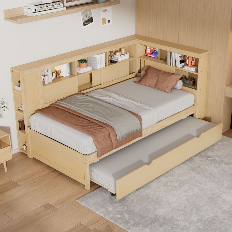 Twin Size Wood Daybed with Pull Out Trundle, Solid Pine Living Room Platform Sofa Bedframe with Storage Shelves and USB Ports
