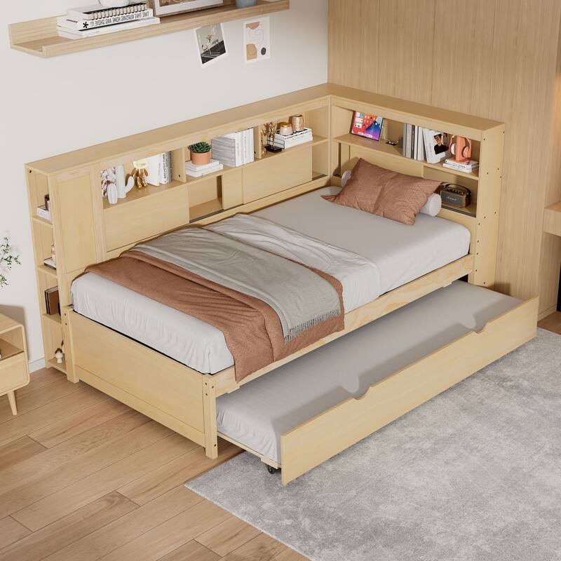 Wooden Twin Daybed with Built-In Storage Shelves, USB Port, and Trundle - Natural