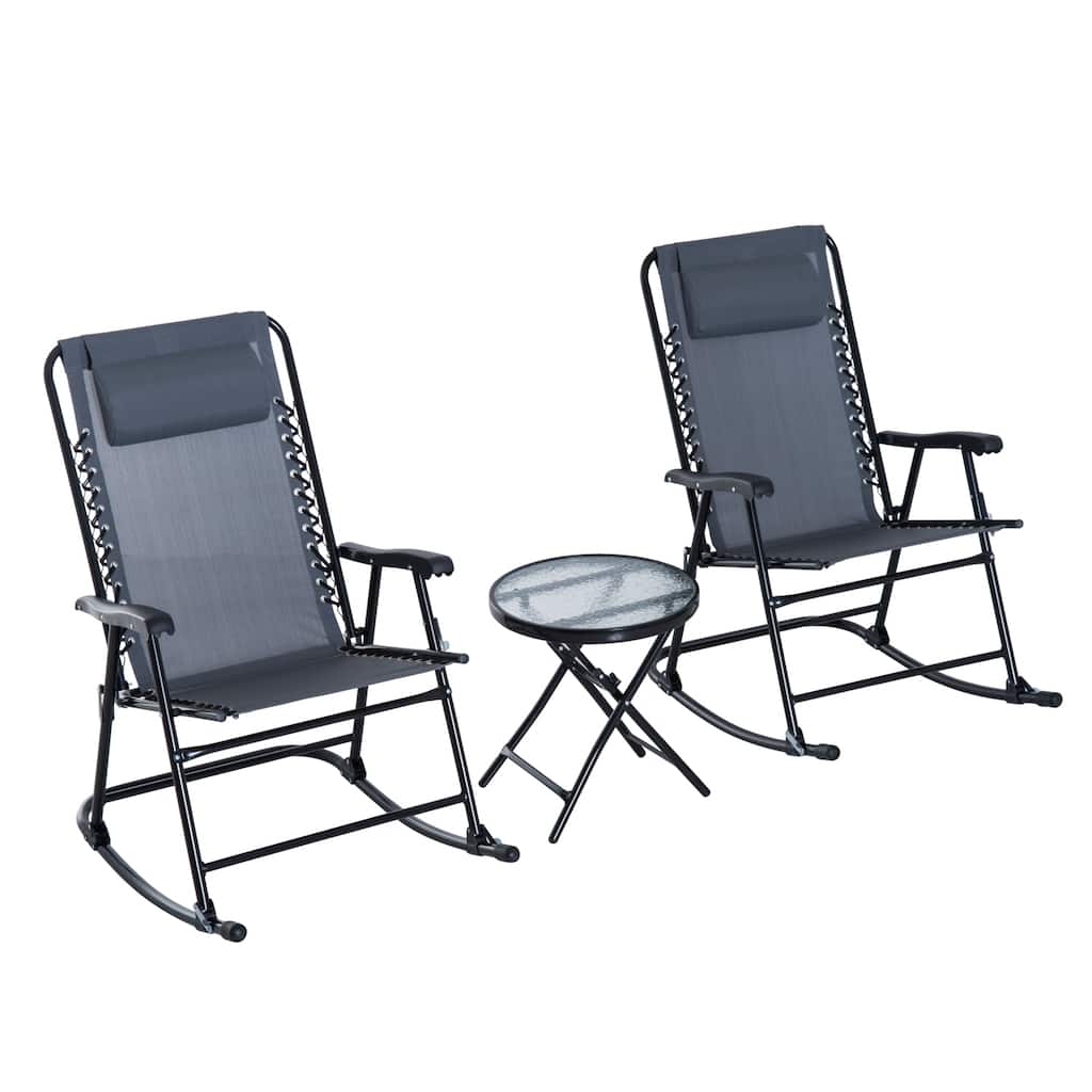 Outsunny 3 Piece Outdoor Rocking Bistro Set, Patio Folding Chair Table Set with Glass Coffee Table