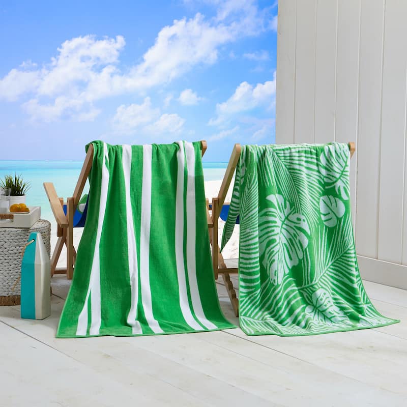 Linery & Co. 100% Cotton Jacquard 2 Pack Summer Beach Towels - 2 Pack- 30" x 60" - Green Palm & Stripes