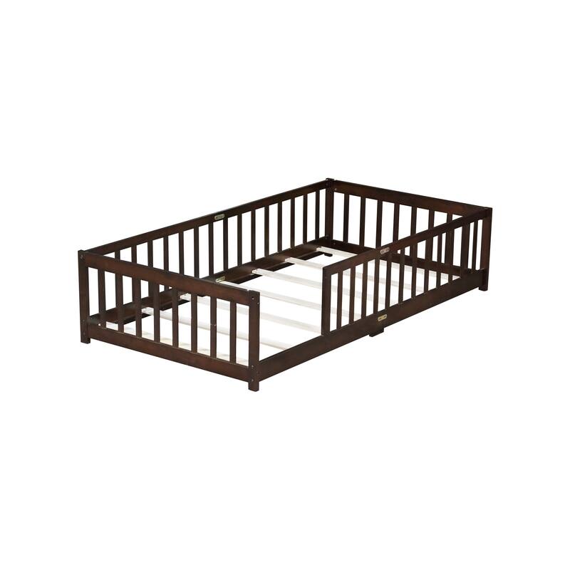 Roomfitters Twin Rubber Wood Floor Bed with Fence, Safety Guardrails, Low Profile Platform Design