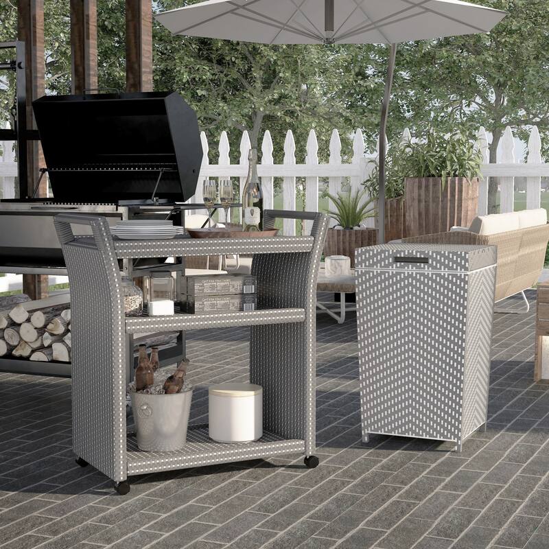 Courtnie French Aluminum Outdoor Serving Cart with Trash Can by Furniture of America