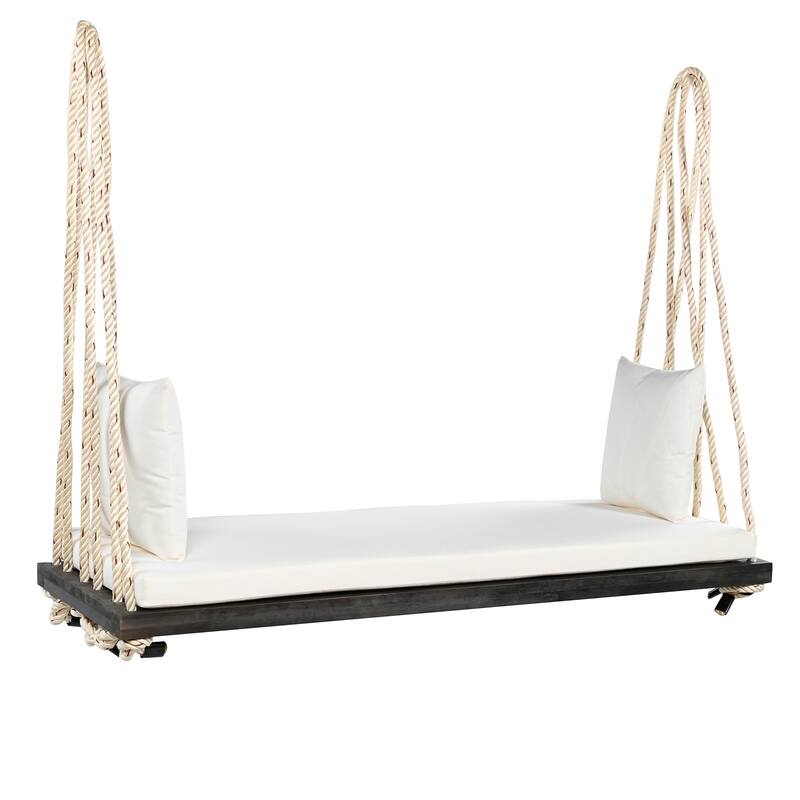 Outdoor Wood Hanging Chair with Cushions & Adjustable Assembly, 400 lbs Capacity, Swing Chair with Durable Hemp Ropes