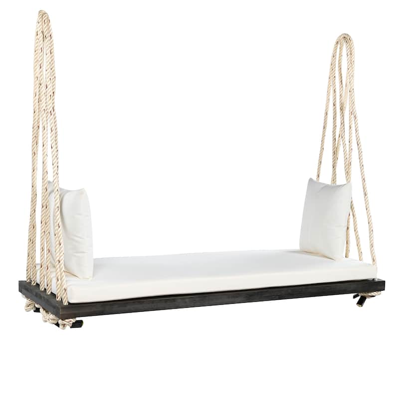 Roomfitters Patio Wooden Swing Chair with Cushion & Pillows, Hanging Porch Bench with 10.8Ft Hemp Ropes for Garden