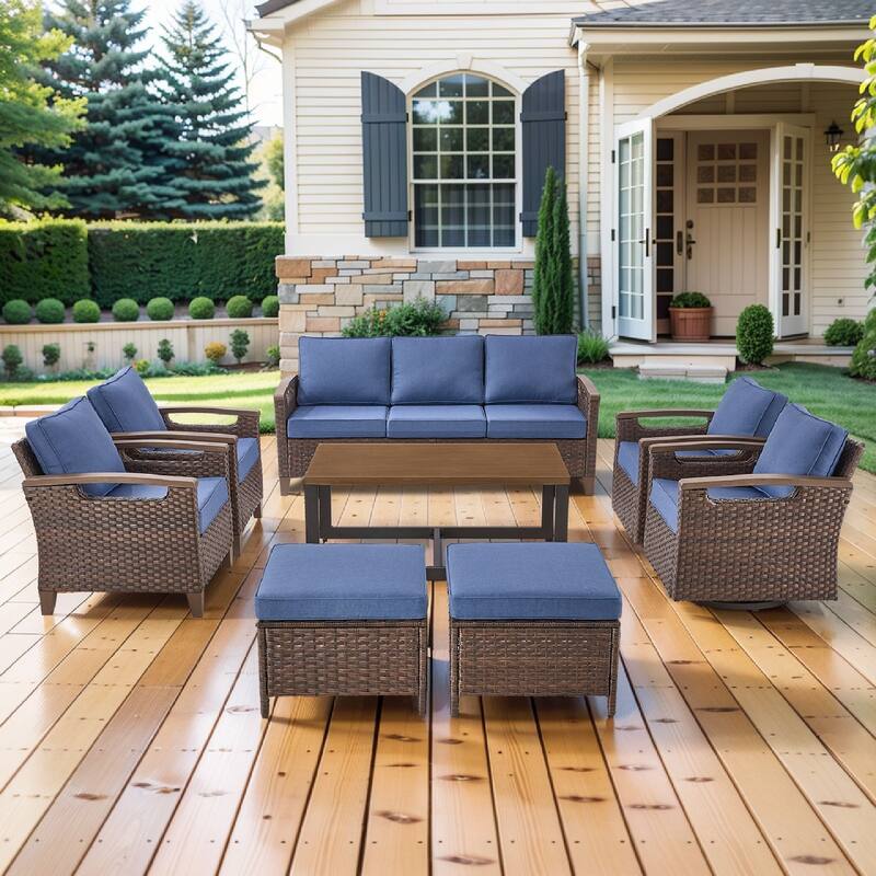 Pocassy Outdoor Brown Wicker Funitre with Cushion Set - Blue Cushion - Sofa with Chair Table Ottoman Set