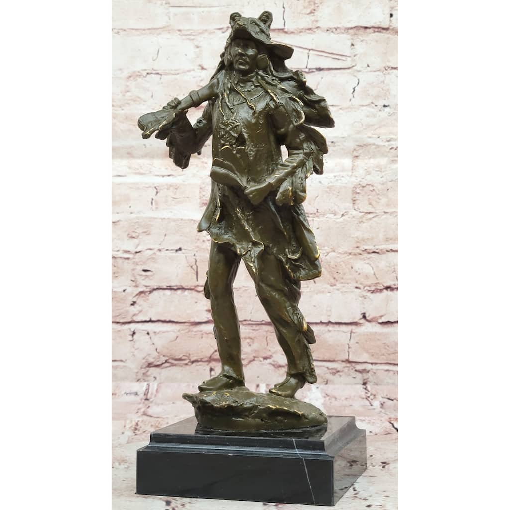 Bronze Native American Warrior Sculpture With Imitative Wolf Headdress