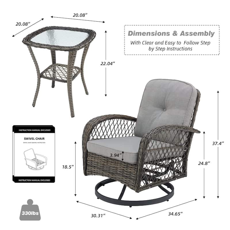 EROMMY Outdoor 3 Pieces Swivel Rocker Patio Chair Sets with Glass Table, All-Weather Wicker & Thickened Cushions for Backyard
