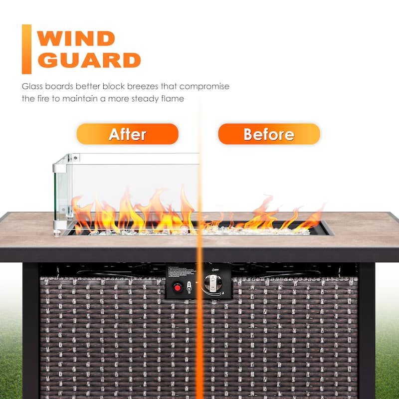 Outdoor 43-inch 50,000 BTU Propane Gas Fire Pit Table, Ceramic Tabletop and PE Rattan Weaved Iron Frame