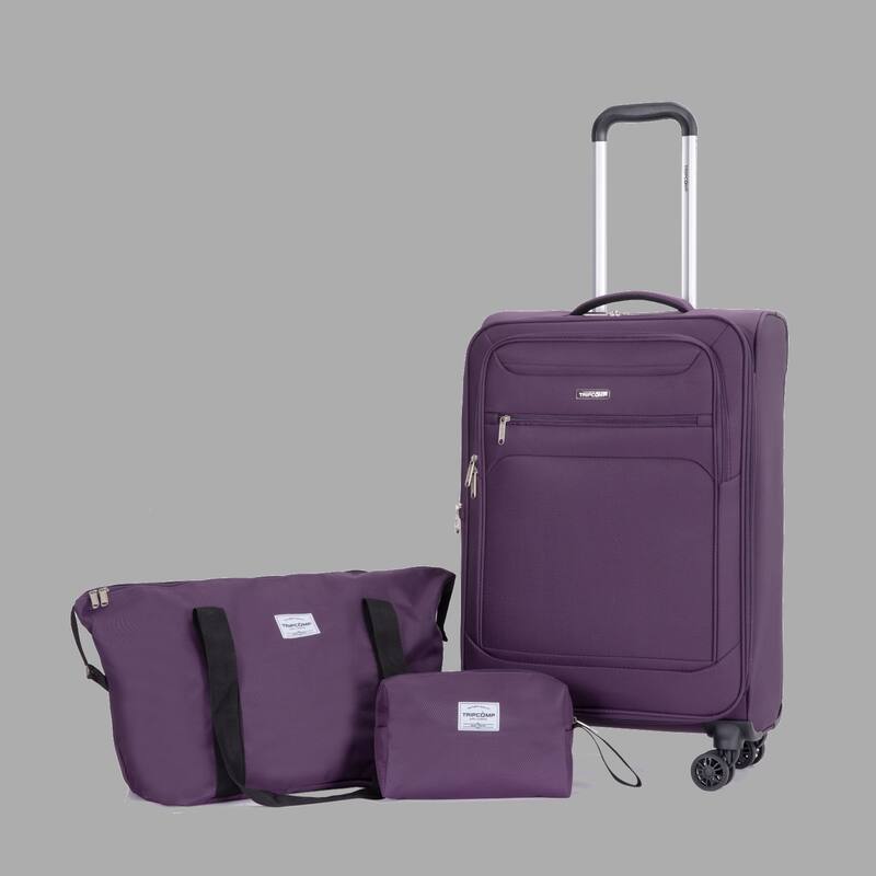 Durable 3-Piece Polyester Luggage Set (18" Carry-On, Travel Bag, Toiletry Bag) with 360° Spinner Wheels - Purple