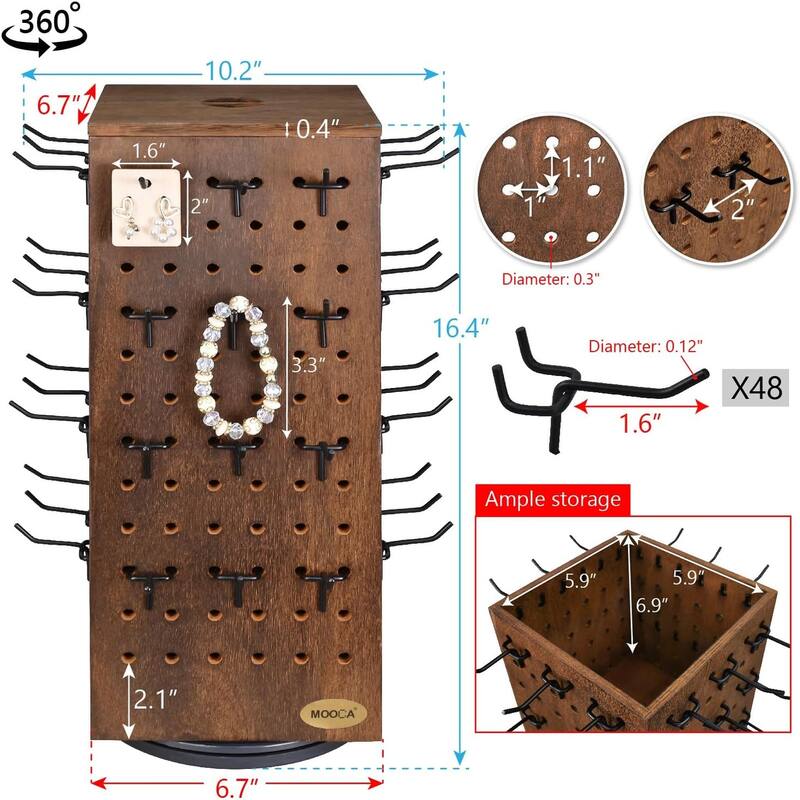 Wooden Rotating Four-Sided Pegboard Jewelry Accessories Rack, Brown - S