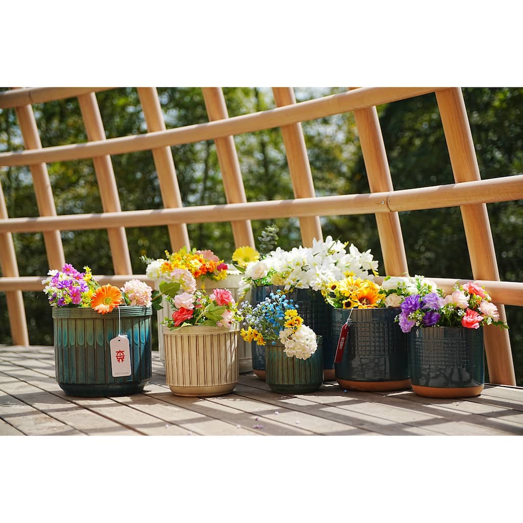 Ceramic Flowerpot Planter 14.18in Cream Striped Frost Resistant Customizable for Indoor Outdoor, 4pc