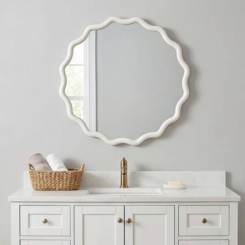 24 inch Wavy Round Solid Wood Frame Decorative Mirror